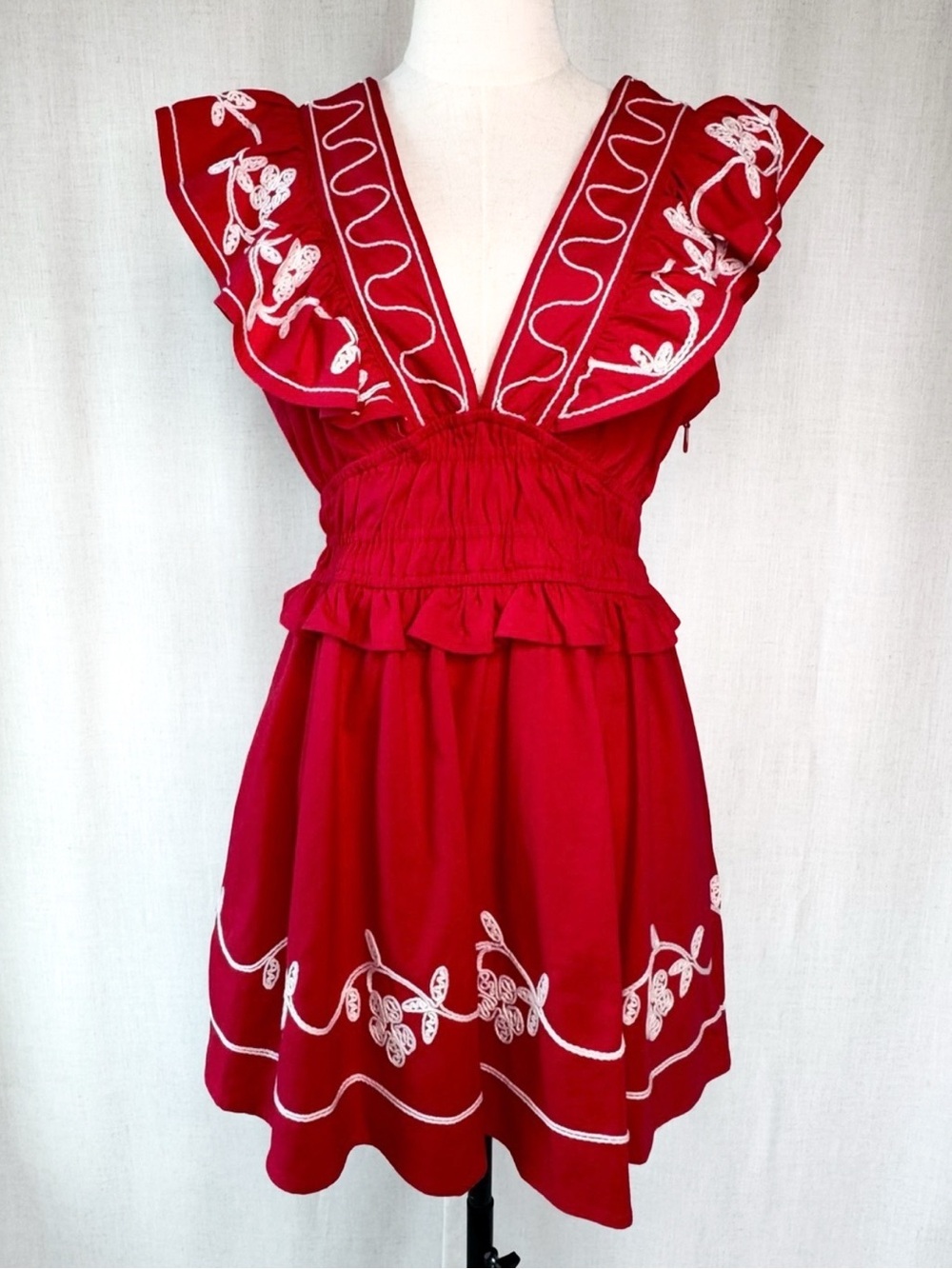 Strut & Bolt Leah Embroidered Linen Blend Mini Dress Cherry Red Size M